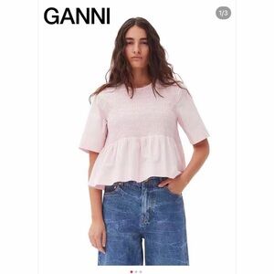 Ganni Light Pink Smocked Peplum Blouse